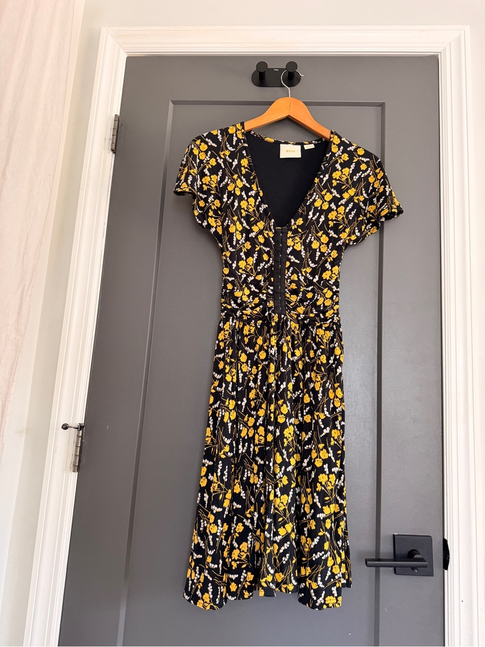 Maeve Black Floral Midi Dress with Yellow Accents